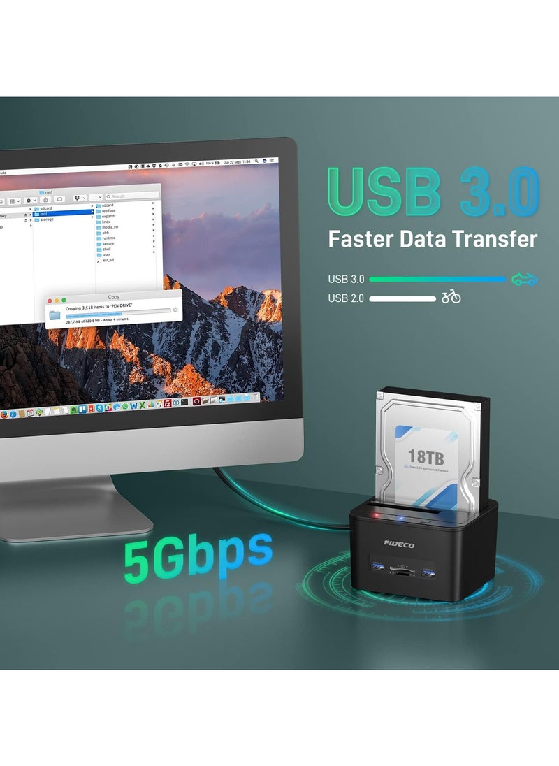 FIDECO - FIDECO USB 3.0 Dual-Bay External Hard Drive Docking Station with Offline Clone Function for 2.5in/3.5in SATA SSD, Support TF and SD Card - Image 1