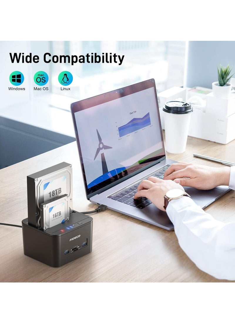 FIDECO - FIDECO USB 3.0 Dual-Bay External Hard Drive Docking Station with Offline Clone Function for 2.5in/3.5in SATA SSD, Support TF and SD Card - Image 1