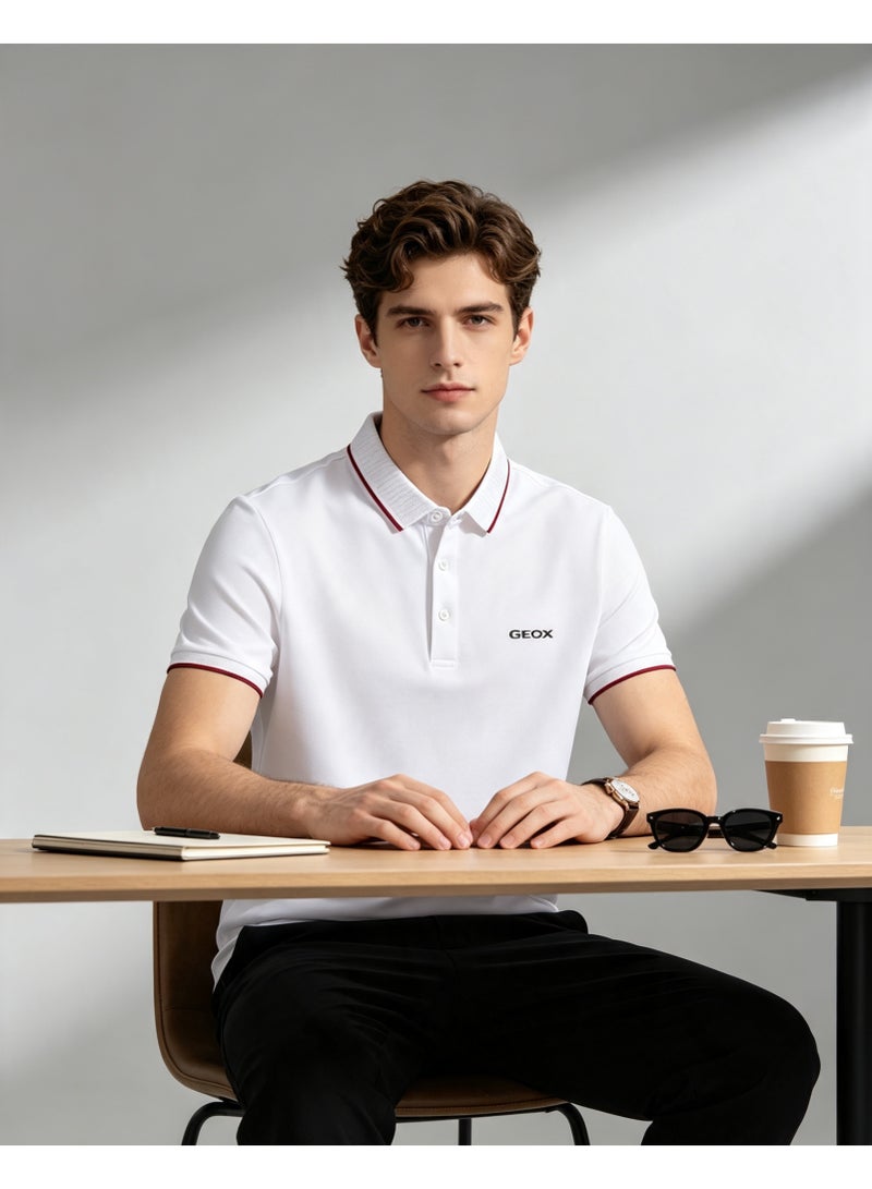 GEOX Men Classic Striped Collar Short Sleeve Polo Shirt Daily Business Casual Wear Pure White - Image 1