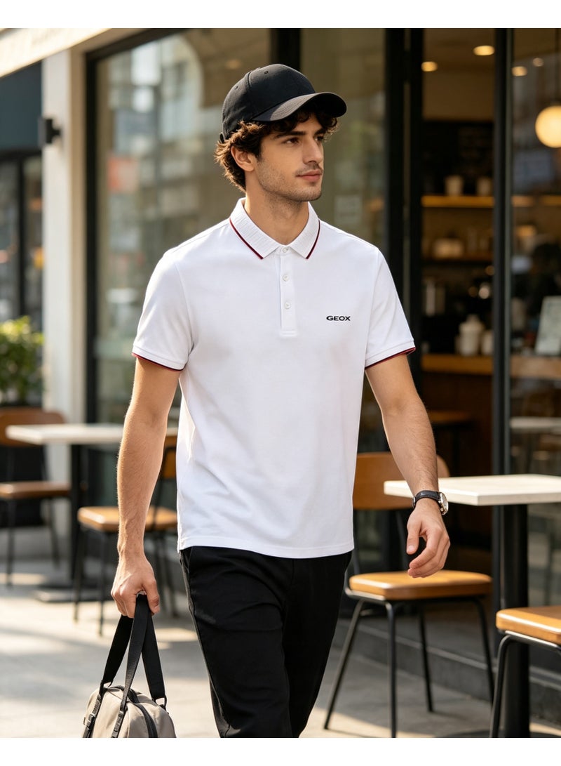 GEOX Men Classic Striped Collar Short Sleeve Polo Shirt Daily Business Casual Wear Pure White - Image 2