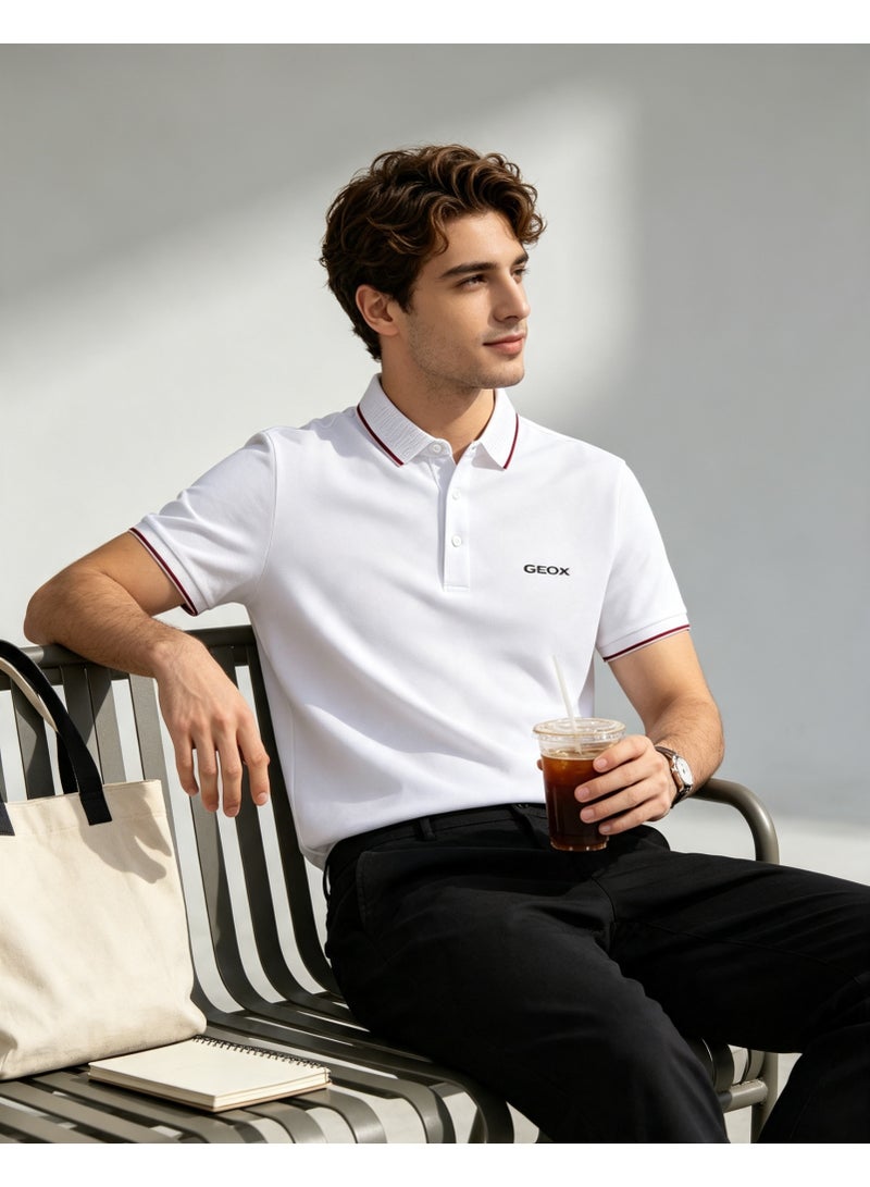 GEOX Men Classic Striped Collar Short Sleeve Polo Shirt Daily Business Casual Wear Pure White - Image 3