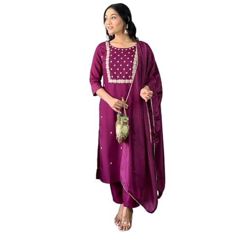 Naixa Women's Wine Rayon Slub Embroidered Straight Kurta with Rayon Slub Pant and Chinon Laced Dupatta Sets (M-Pragati-Wine-XXL) - Image 1