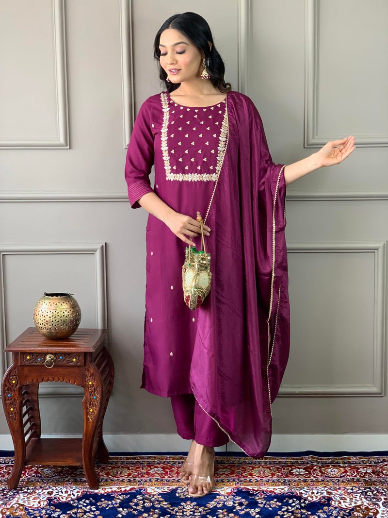 Naixa Women's Wine Rayon Slub Embroidered Straight Kurta with Rayon Slub Pant and Chinon Laced Dupatta Sets (M-Pragati-Wine-XXL) - Image 2