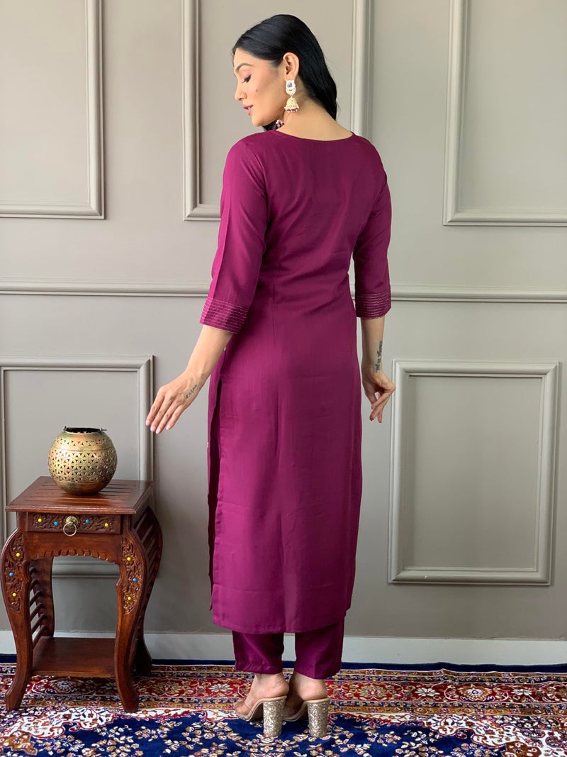 Naixa Women's Wine Rayon Slub Embroidered Straight Kurta with Rayon Slub Pant and Chinon Laced Dupatta Sets (M-Pragati-Wine-XXL) - Image 3