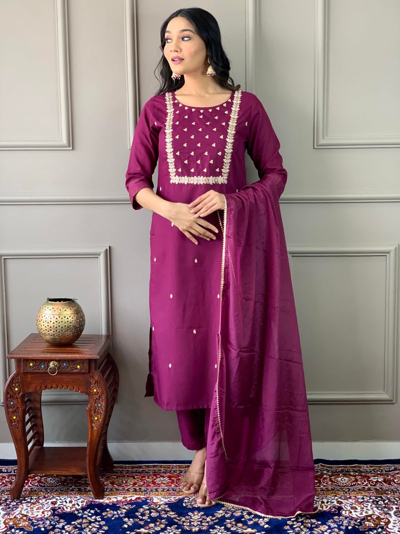Naixa Women's Wine Rayon Slub Embroidered Straight Kurta with Rayon Slub Pant and Chinon Laced Dupatta Sets (M-Pragati-Wine-XXL) - Image 5
