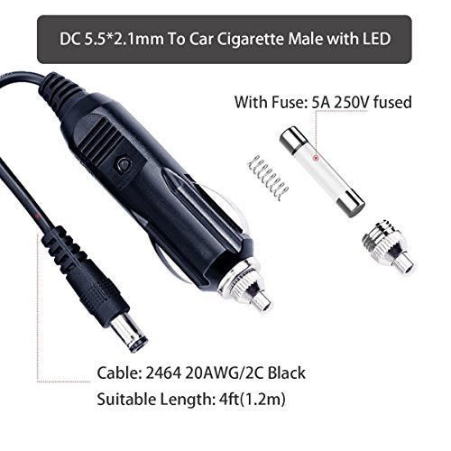 SPARKING DC 5.5 x 2.1mm Car Charger Power Supply Cord - 12v -24v 4FT Cigarette Lighter Male Plug to DC Connector 5.5 x 2.1mm Cable - Image 2