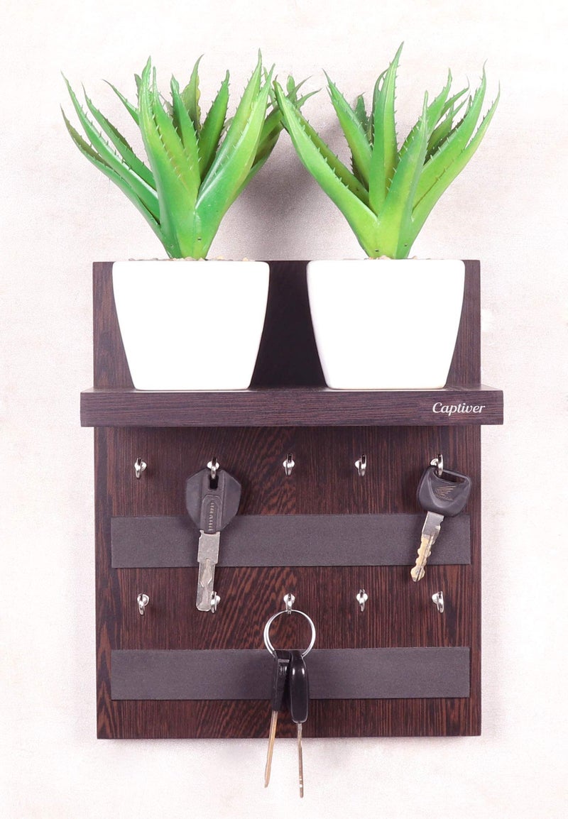 Captiver Engineered Wood Lombus Wall Mounted Key Holders with Storage Shelf Racks Stand (10 Hooks, Wenge) V Chain Rings Car Keys Organizer Hanger Kitchen Office Decorative Keychain - Image 3