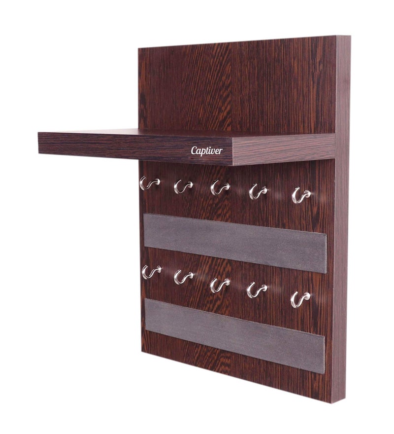 Captiver Engineered Wood Lombus Wall Mounted Key Holders with Storage Shelf Racks Stand (10 Hooks, Wenge) V Chain Rings Car Keys Organizer Hanger Kitchen Office Decorative Keychain - Image 2
