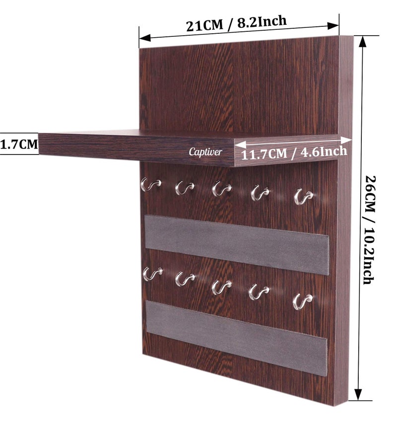 Captiver Engineered Wood Lombus Wall Mounted Key Holders with Storage Shelf Racks Stand (10 Hooks, Wenge) V Chain Rings Car Keys Organizer Hanger Kitchen Office Decorative Keychain - Image 5