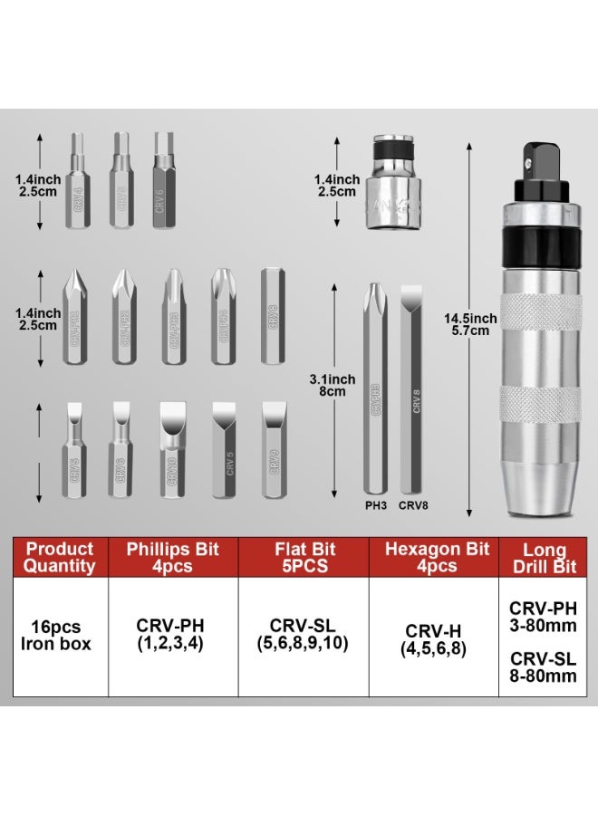 1/2 Inch Hand Impact Driver Set with 15 Bits – Reversible Manual Screwdriver, Chrome-Plated, Heavy-Duty S2 Steel for Automotive, Motorcycle, and Household Repairs - Image 5