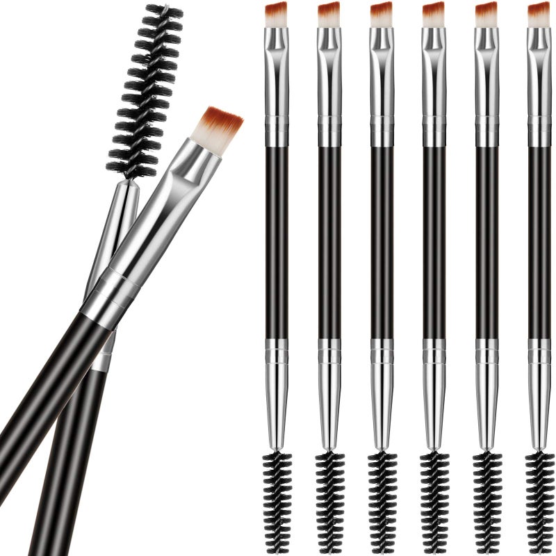 BOAO 6 Pieces Duo Eyebrow Brush Angled Spoolie Brush Mini Eyelash for Tinting Angled Eyebrow, Fit for Gel and Cream(Silver) - Image 1