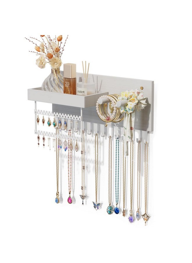 Lolalet Lolalet Wall Mounted Hanging Jewelry Organizer, 15 Hooks Wooden Necklaces Holder with Storage Shelf, Easy Install Earrings Bracelets Hanger -White  - Image 1