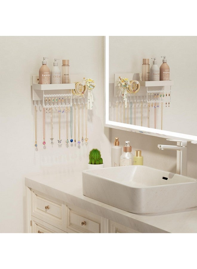Lolalet Lolalet Wall Mounted Hanging Jewelry Organizer, 15 Hooks Wooden Necklaces Holder with Storage Shelf, Easy Install Earrings Bracelets Hanger -White  - Image 5