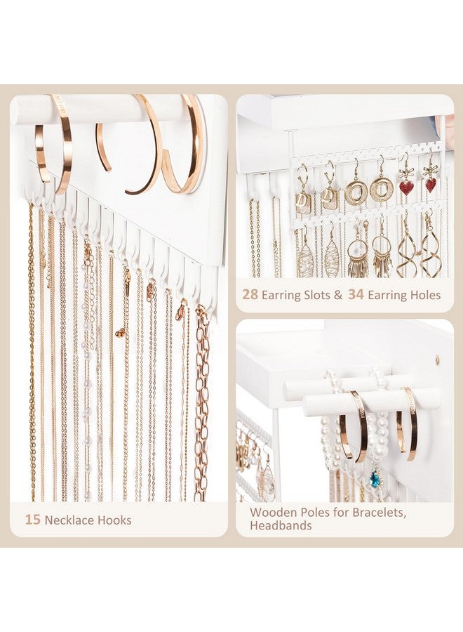 Lolalet Lolalet Wall Mounted Hanging Jewelry Organizer, 15 Hooks Wooden Necklaces Holder with Storage Shelf, Easy Install Earrings Bracelets Hanger -White  - Image 4