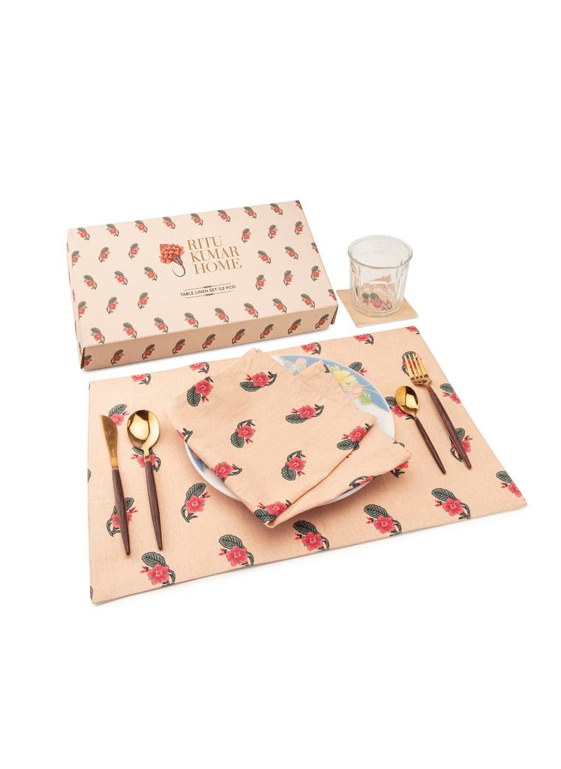 SPACES Home Table Linen Set of 12 – Florared Design | Napkins, Placemats, Coasters | 100% Cotton | Premium Gifting Set by Welspun  - Image 1