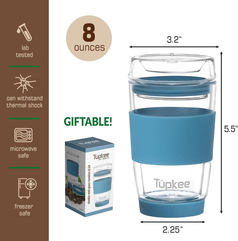 Tupkee كوب زجاجي مزدوج الجدار - 8 أونصات، كوب شاي/قهوة زجاجي معزول قابل لإعادة الاستخدام مع غطاء، كوب سفر زجاجي منفوخ يدويًا - نياجرا - Image 5