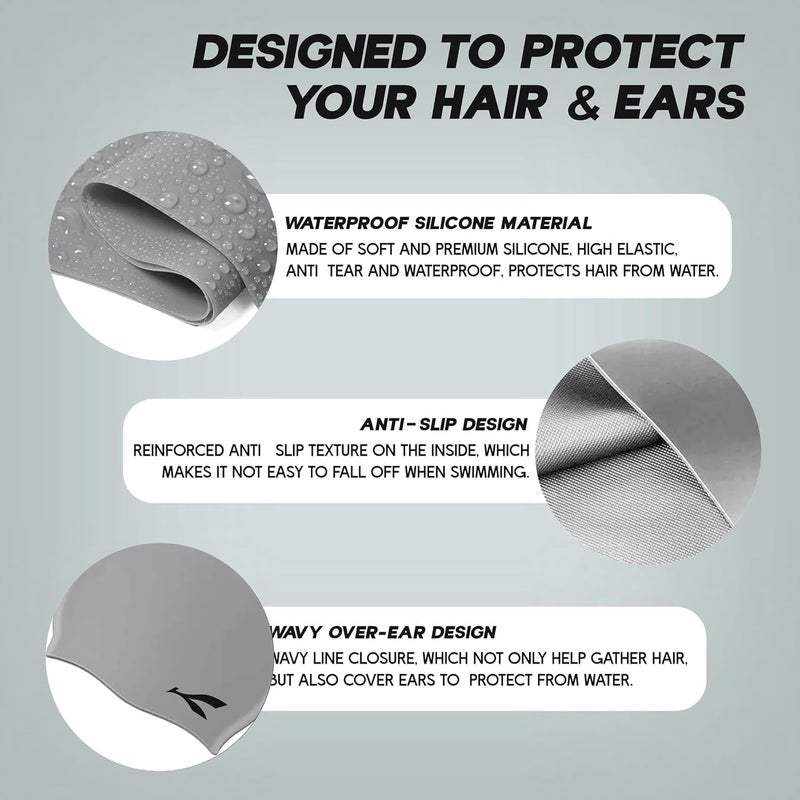 KONEX Waterproof Silicone Swimming Cap for Men & Women | Stretchable & Quick-Dry | Prevents Hair Pull & Chemical Damage | Ideal for Children & Adult (Light Grey) - Image 4