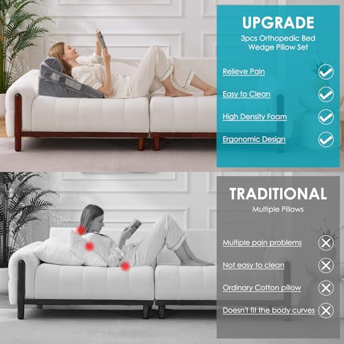 WGAKCED 3Pcs Wedge Pillow Set for After Surgery,Acid Reflux Relief, Adjustable Bed Wedge Pillows for Sleeping,Anti Snore, Memory Foam Triangle Pillow for Back&Neck&Shoulder Pain Relief, Grey - Image 5