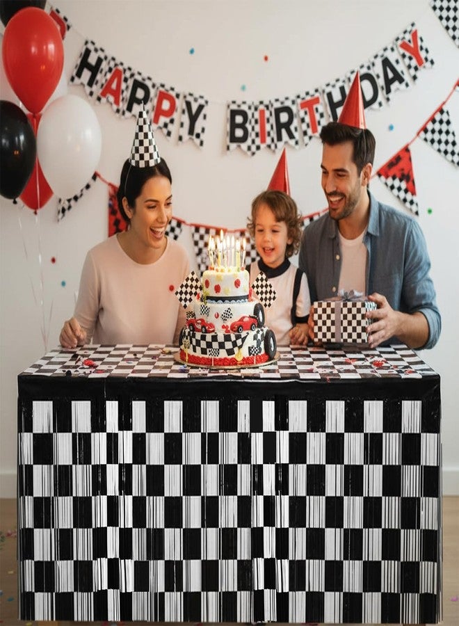 زينة طاولة على شكل سيارة سباق، مصنوعة من رقائق معدنية لامعة، 4 قطع، مقاس 29.5 × 108 بوصة، شرائط طاولات مربعة باللونين الأسود والأبيض، مناسبة للطاولات المستطيلة والمستديرة، ديكور حفلات سباق السيارات - Image 2