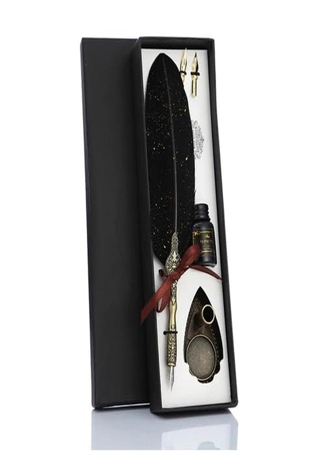 Mforall Feather Pen Set with Ink Bottle and Pen Stand, Antique Calligraphy Writing Quill Dip Pen, 2 Replacement Nibs, Unique Vintage Luxury Pen Gift Sets (Black) - Image 2