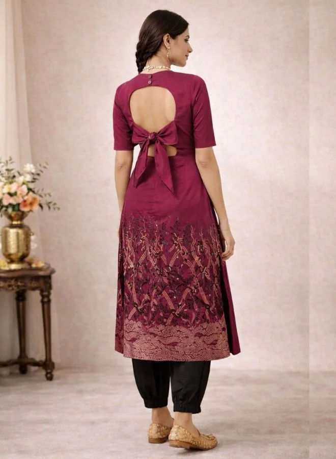 Abhishti  Cotton Zari Jacquard Kurta with Back Cut-out and Tie-Up Paired with Pathani Pants for Women | Best Price UAE