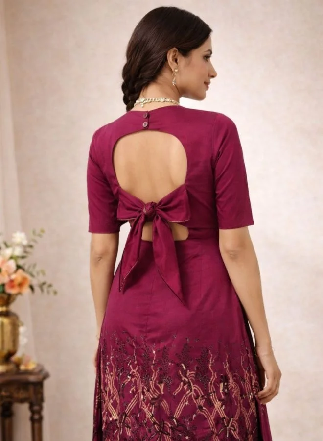 Abhishti  Cotton Zari Jacquard Kurta with Back Cut-out and Tie-Up Paired with Pathani Pants for Women | Best Price UAE