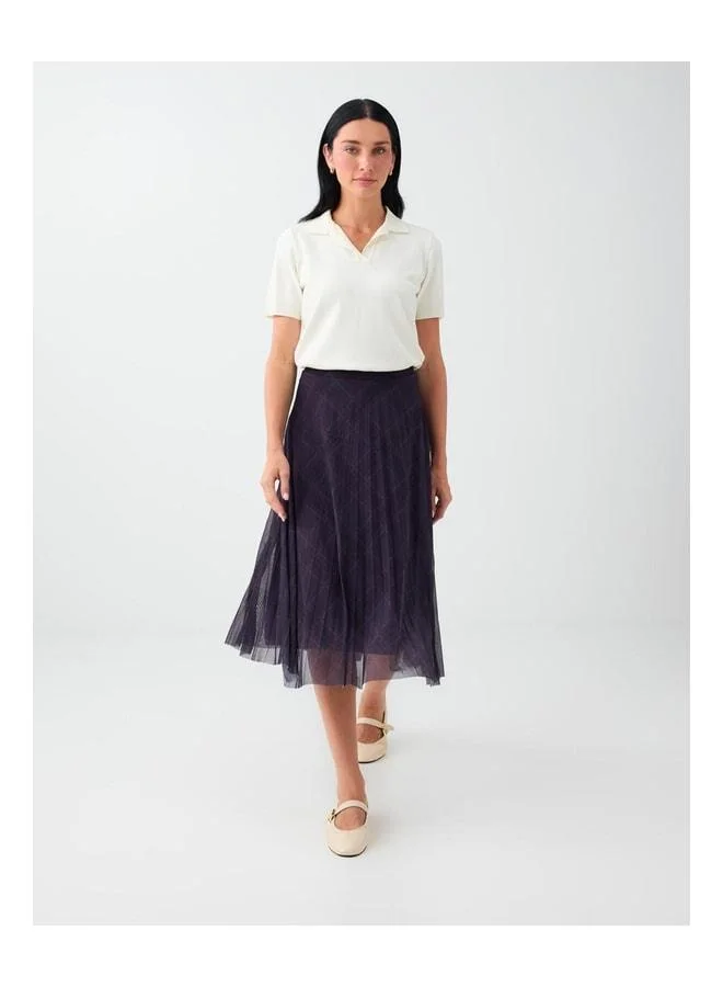 Jimmy Key Purple Plaid Patterned Elastic Waist Midi Mesh Skirt