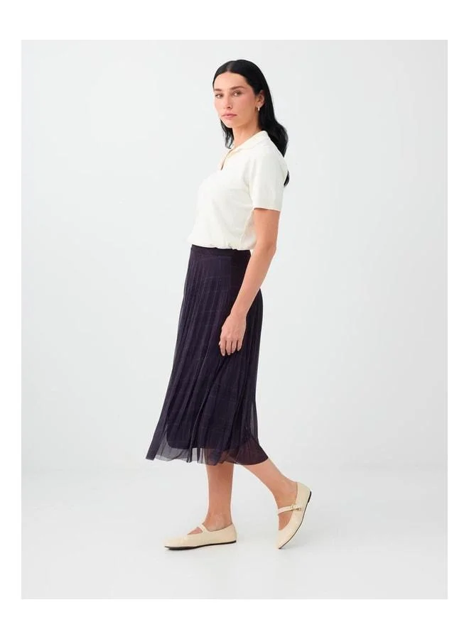 Jimmy Key Purple Plaid Patterned Elastic Waist Midi Mesh Skirt