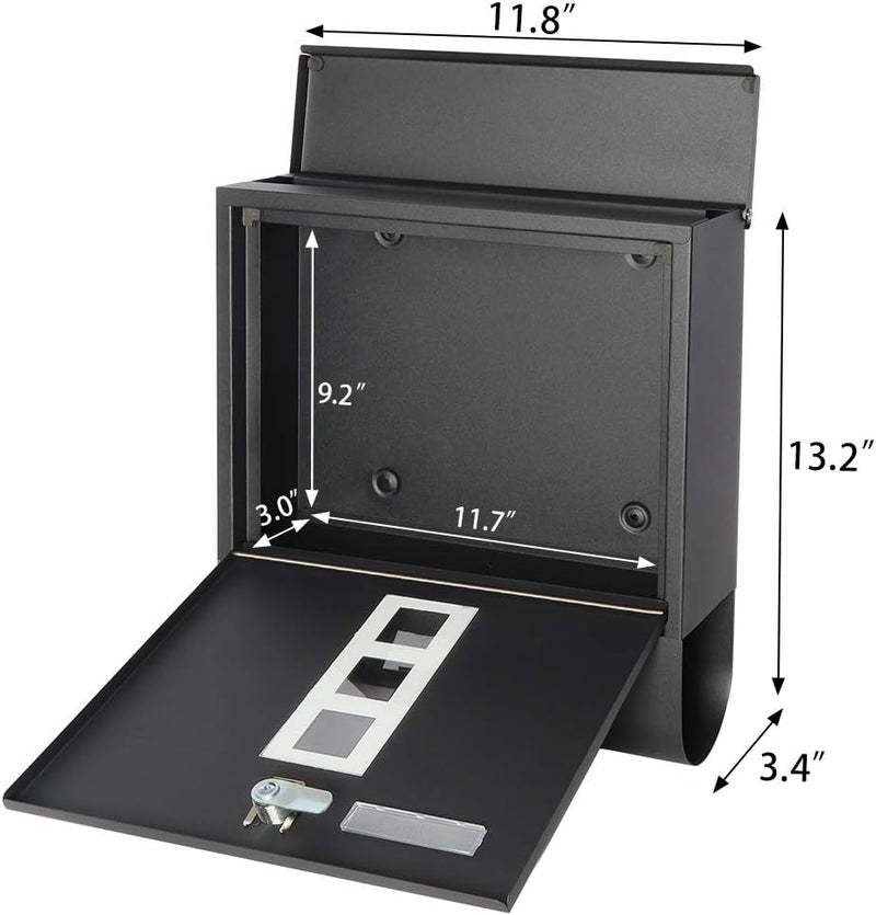 Parrency Locking Mailbox Wall Mount, Black Mailboxes with Secure Key Lock and Newspaper Compartment, Key Lock Drop Box Large Capacity with Galvanized Cover and Rust-Proof Metal Mailbox,11.8 x 13.2 x 3.5 Inch - Image 2