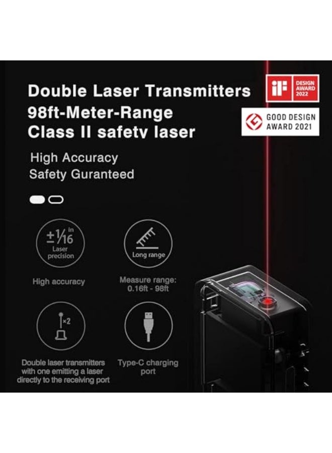 مقياس مسافة ليزر HOTO iRing مع بلوتوث، 98 قدم، دقة ±1/16 بوصة، وضعان للقياس، وحدات قابلة للتبديل M/Ft، شحن Type-C - Image 3