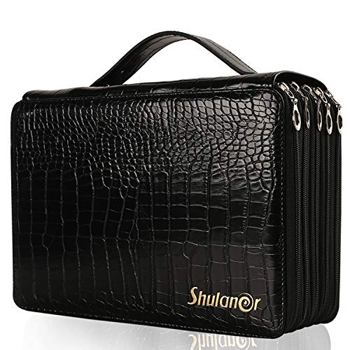 Shulaner 250 Slots Colored Pencil Case Organizer with Zipper PU Leather Large Capacity Pen Holder Bag for Artist Croco Blue - Image 1