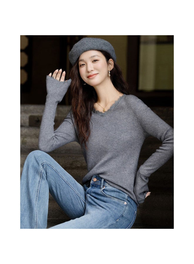 Dme Warm Soft Yarn Autumn Elegant Lace Splice V-neck Flared Sleeve Slim Knit Top For Women - Image 3