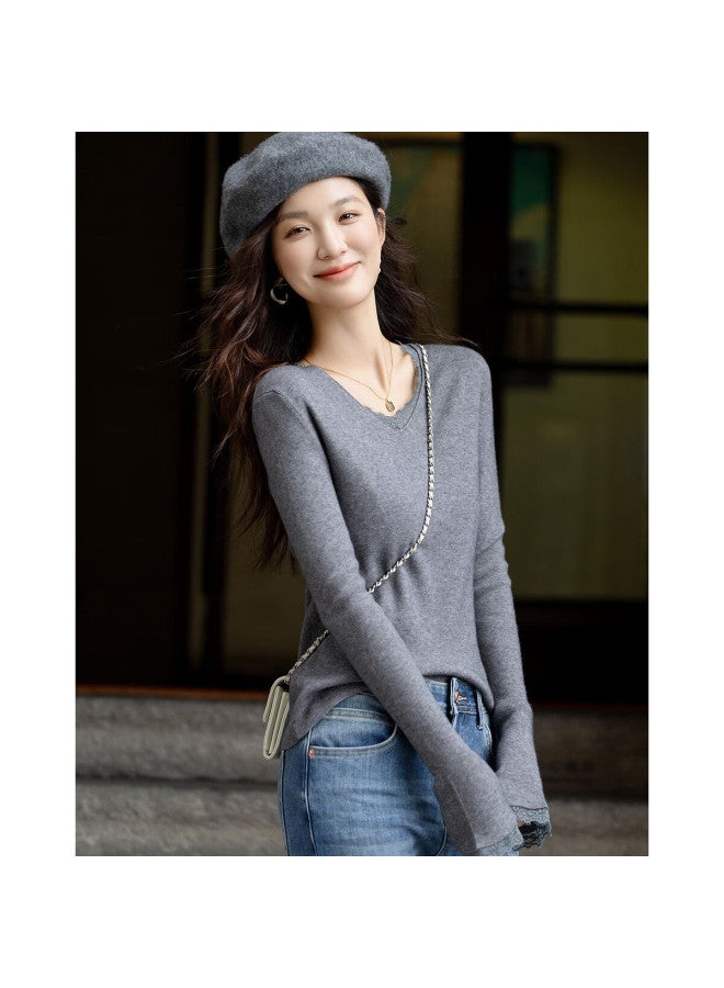 Dme Warm Soft Yarn Autumn Elegant Lace Splice V-neck Flared Sleeve Slim Knit Top For Women - Image 2
