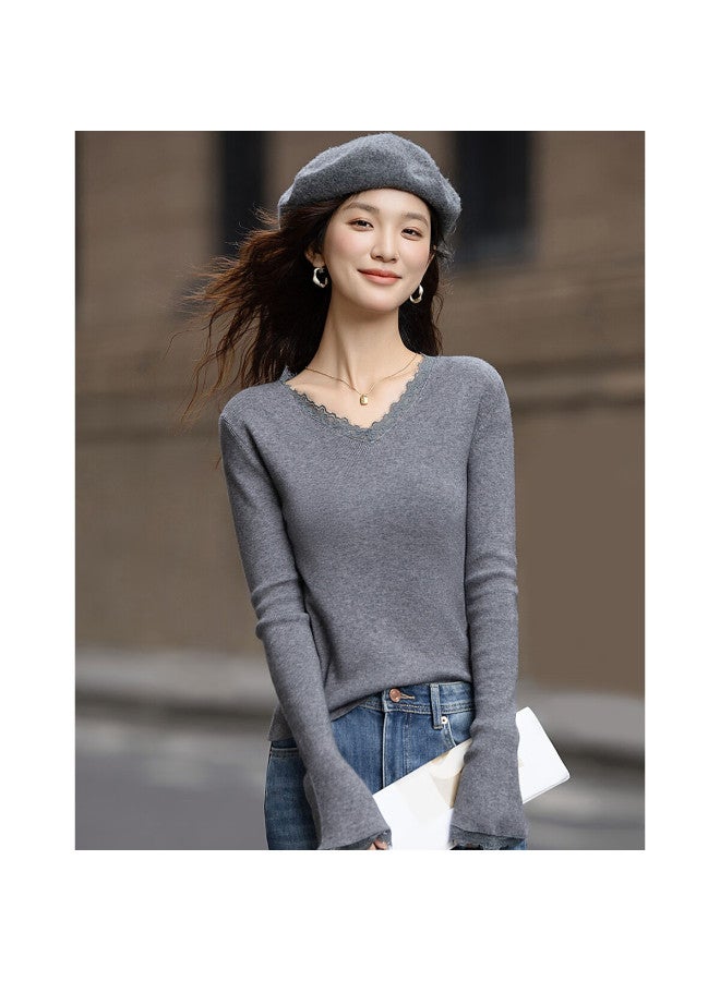 Dme Warm Soft Yarn Autumn Elegant Lace Splice V-neck Flared Sleeve Slim Knit Top For Women - Image 5