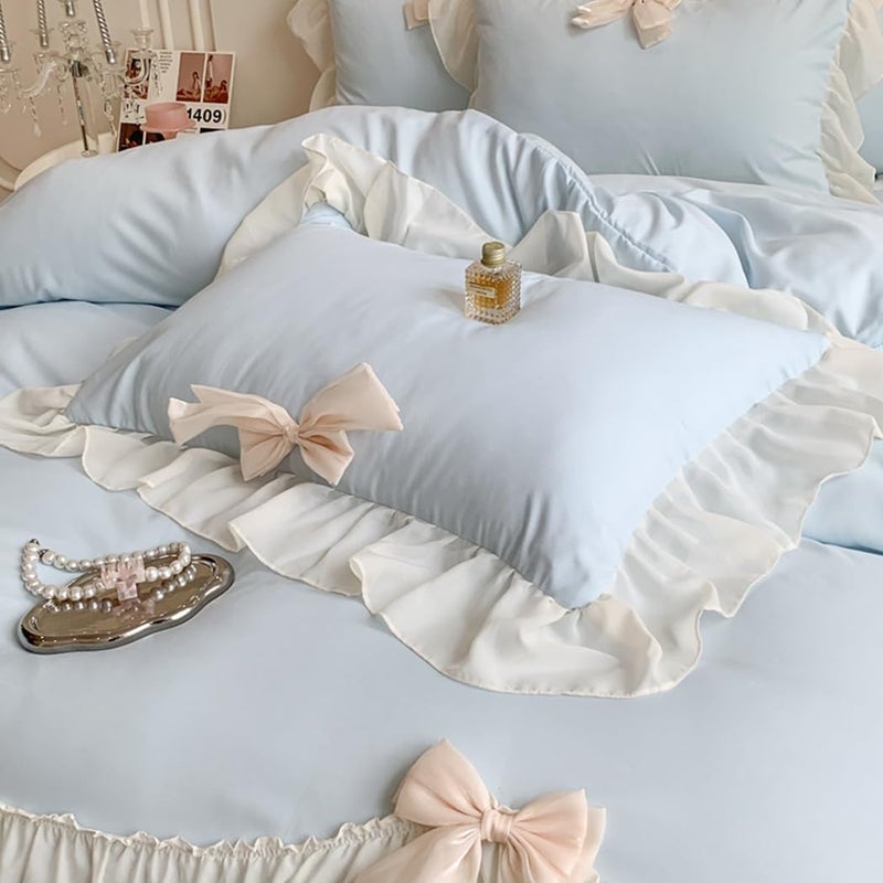 SOUKECHY Girls Lace Bedding,Full Comforter Cover Set, Chic Ruffled Duvet Cover with Lovely Bow,Princess Style 1 Duvet Cover with 2 Pillowcases, No Comforter-Blue,Full Size - Image 3