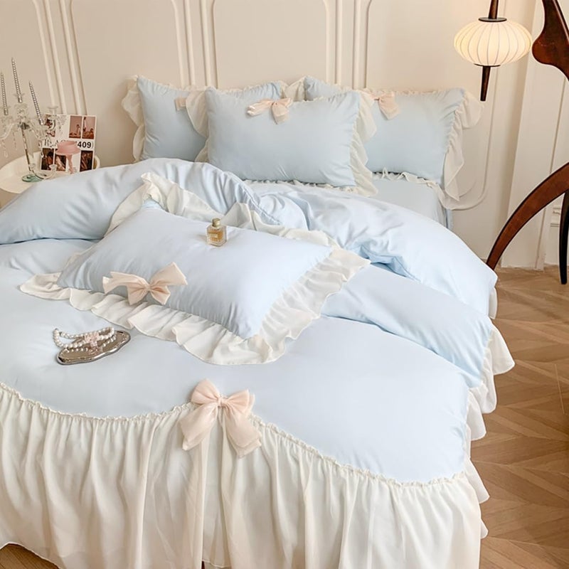 SOUKECHY Girls Lace Bedding,Full Comforter Cover Set, Chic Ruffled Duvet Cover with Lovely Bow,Princess Style 1 Duvet Cover with 2 Pillowcases, No Comforter-Blue,Full Size - Image 2