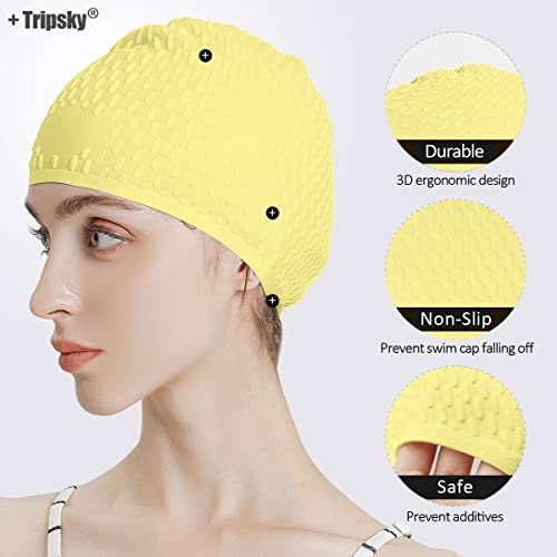 Tripsky Silicone Swim Cap,Comfortable Bathing Cap Ideal for Curly Short Medium Long Hair, Swimming Cap for Women and Men, Shower Caps Keep Hairstyle Unchanged (Light Yellow) - Image 3