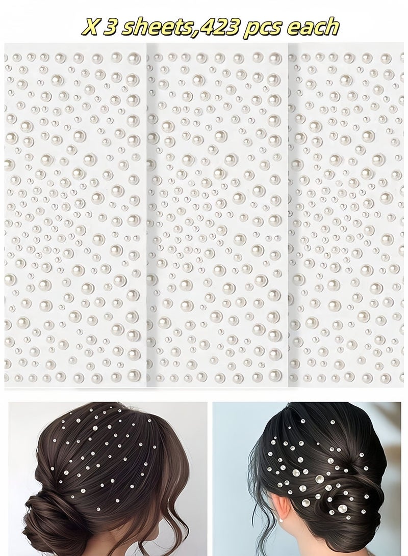 GlamKit 3 Sheets Self-Adhesive Pearl Stickers (1269PCS), 3D White Pearl Rhinestones for Hair, Face & Nail Decoration, Multi-Size Gems for Makeup & DIY Crafts - Image 1