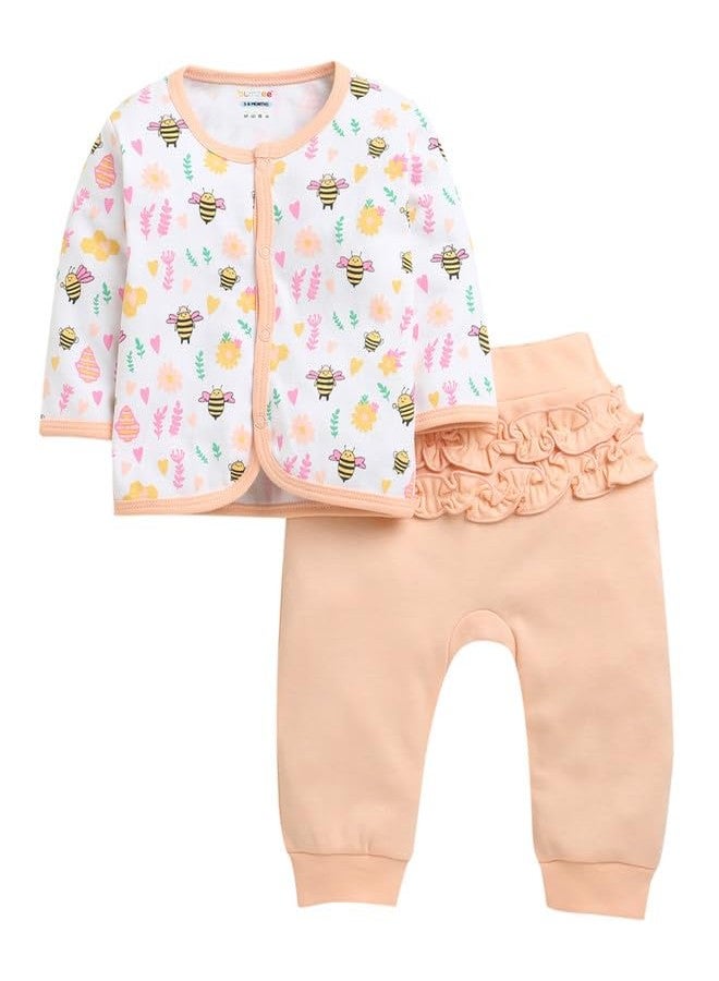 BUMZEE Girls Cotton Full Sleeves Jabla & Pyjama Set Peach & White - 0-3 Months (Peb10910B-pch) - Image 1