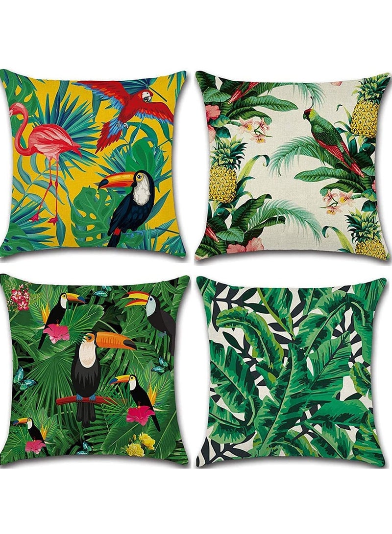 Throw Pillow Covers Green Cushion Covers Leaf, Tropical linen pillow covers with flamingo, Pack of 4 square jungle throw pillowcase, For sofa, couch, bedroom outdoor cushions 45 cm x 45 cm - Image 1