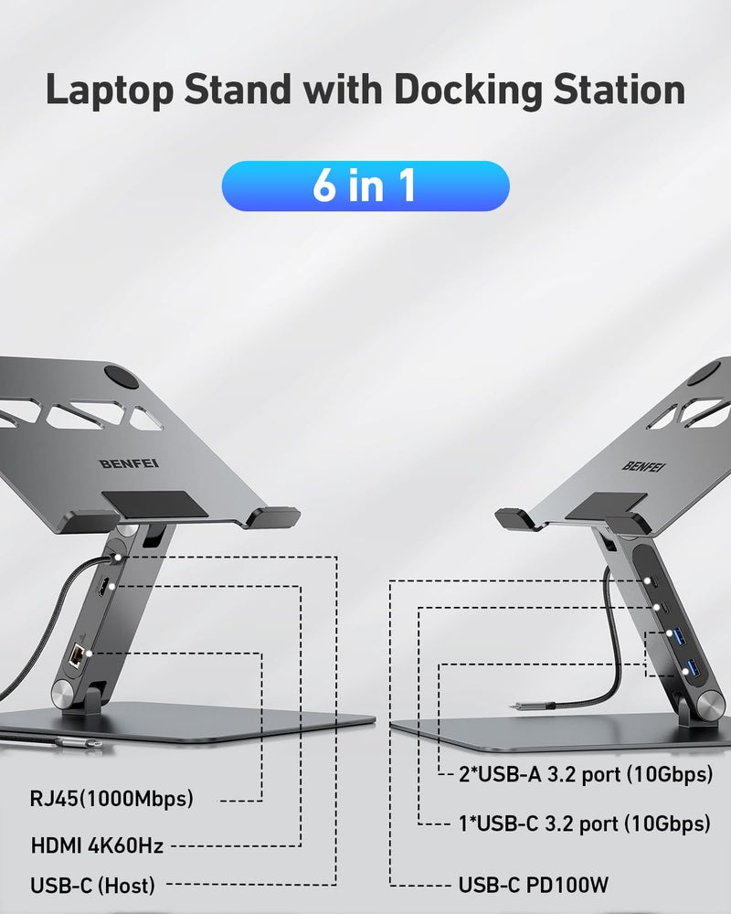 BENFEI Laptop Stand with USB C 6in1 Docking Station, HDMI 4K@60Hz,Gigabit Ethernet, 100W Power Delivery, 10Gbps 1*USB C 3.2 and 2*USB A 3.2 Compatible with MacBook Pro/Air, iPad Pro, XPS, Thinkpad - Image 2
