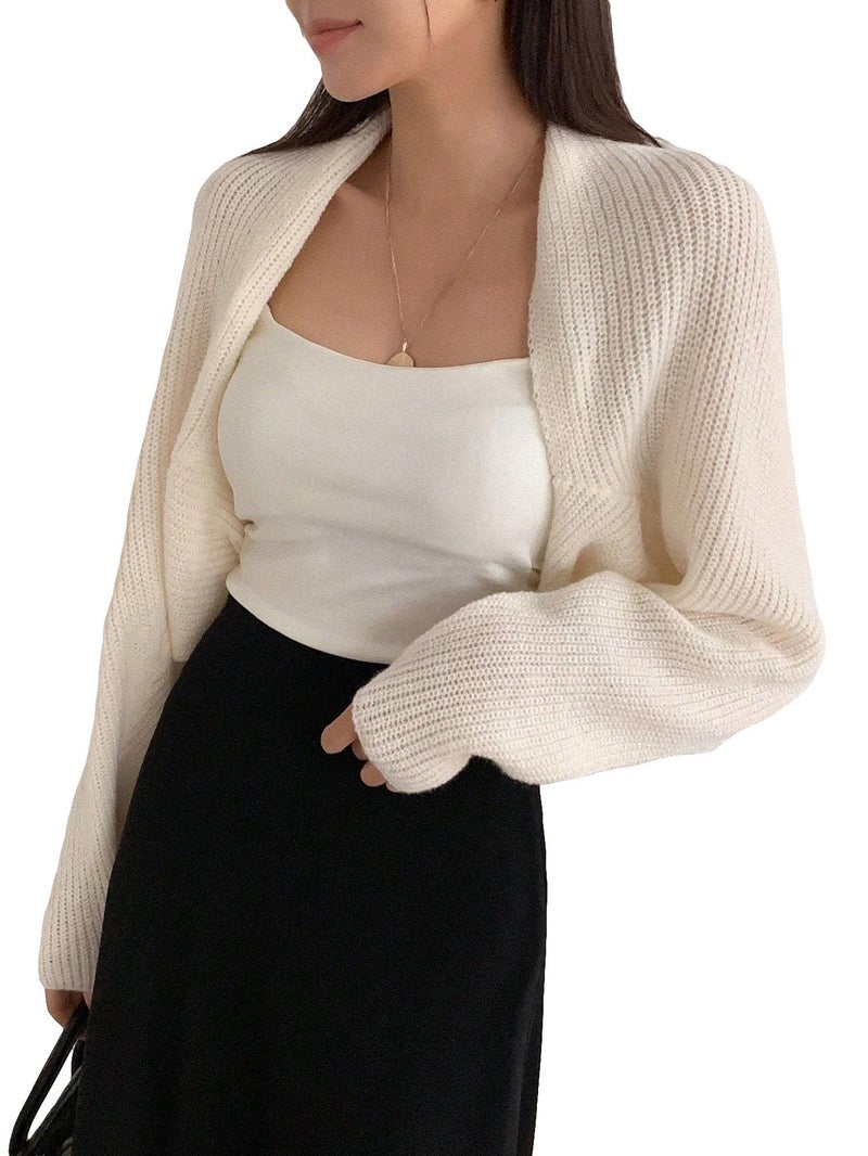 SweatyRocks Women's Open Front Cropped Cardigan Long Sleeve Bolero Shrug Sweater White Medium - Image 1
