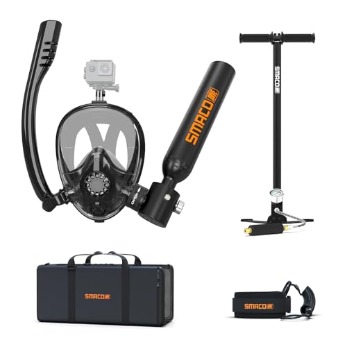 SMACO Mini Scuba Tank with Snorkel Mask 0.5L Portable Small Diving Tank with Full Face Diving Mask Reusable DOT Certified Pony Bottle Diving Cylinder Kit with High Pressure Hand Pump for Snorkeling - Image 1