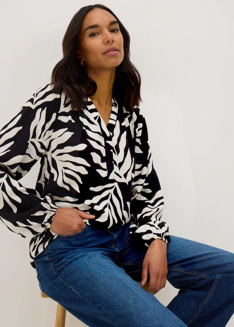 Matalan Black Monochrome Leaf V-Neck Blouse
