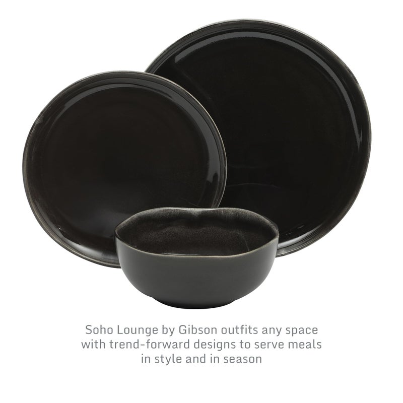 Gibson Elite Nardini 12 Piece (Service for 4) Plates and Bowls Reactive Glaze Dishes Stoneware Ceramic Dinnerware Set - Black - Image 3