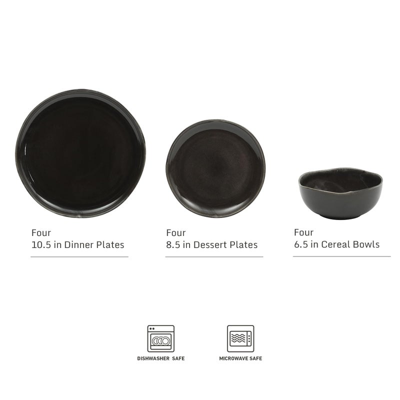 Gibson Elite Nardini 12 Piece (Service for 4) Plates and Bowls Reactive Glaze Dishes Stoneware Ceramic Dinnerware Set - Black - Image 2