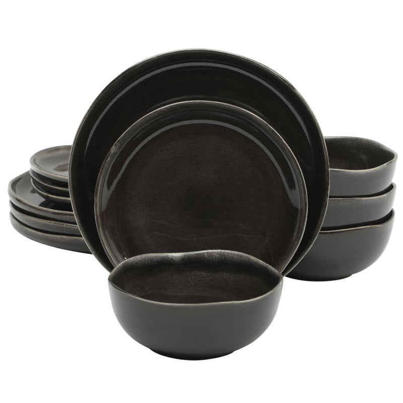 Gibson Elite Nardini 12 Piece (Service for 4) Plates and Bowls Reactive Glaze Dishes Stoneware Ceramic Dinnerware Set - Black - Image 1