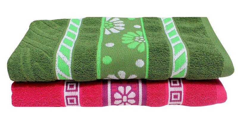 Mandhania Flora Border Soft Cotton BathTowels, 70x140 cm Pack of 2 Green & Pink - Image 1