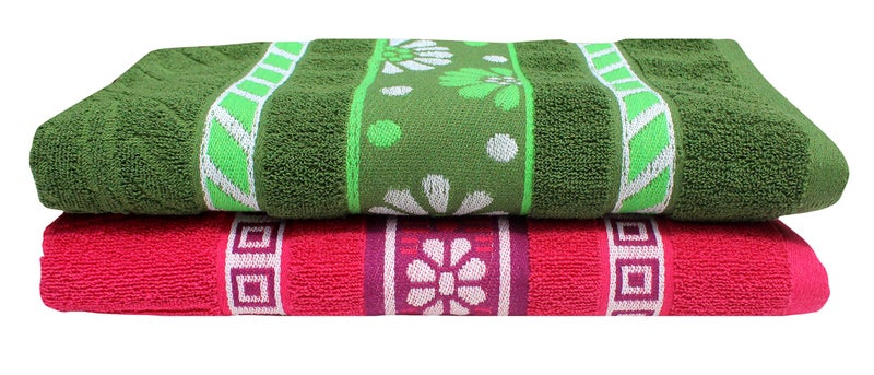 Mandhania Flora Border Soft Cotton BathTowels, 70x140 cm Pack of 2 Green & Pink - Image 2