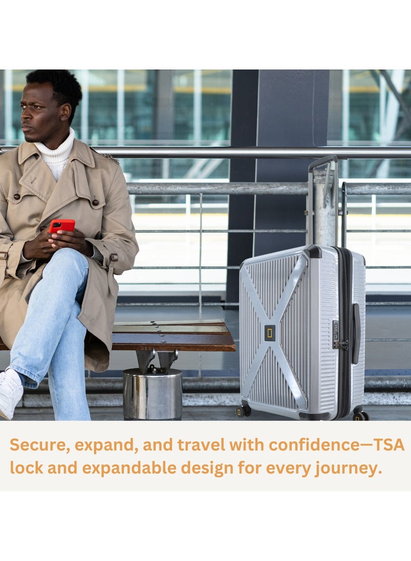 ناشيونال چيوغرافيك حقيبة سفر صغيرة بعجلات مزدوجة من ناشيونال جيوغرافيك معدنية صلبة فضية، خفيفة ومتينة بسحاب مانع للسرقة وقفل ، قابلة للتوسيع بمقبض تلسكوبي من الألومنيوم - Image 4